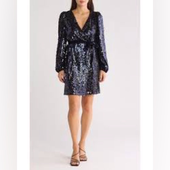 Nanette Lepore Blue Sequin Wrap Dress with Bishop Sleeves, New Size‎ 14 - Picture 1 of 13